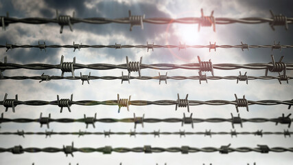 Barbed wired on dark cloudy sky background. 3D illustration
