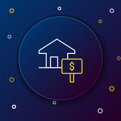 Line House with dollar symbol icon isolated on blue background. Home and money. Real estate concept. Colorful outline concept. Vector