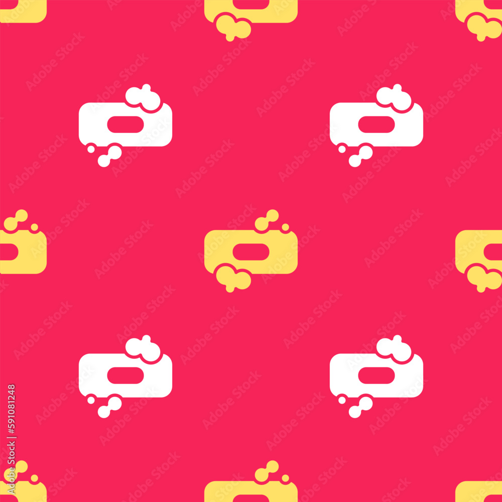 Poster yellow bar of soap icon isolated seamless pattern on red background. soap bar with bubbles. vector i