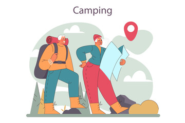 Elder characters camping together. Mountain travel with trekking