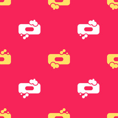 Yellow Bar of soap icon isolated seamless pattern on red background. Soap bar with bubbles. Vector Illustration
