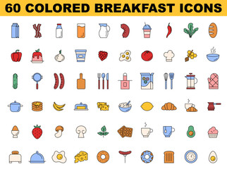 Breakfast icons set. Simple colored morning food and cooking utensils