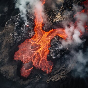 The Fury of Mother Nature: Dangerous volcano eruption view from above, Generative AI