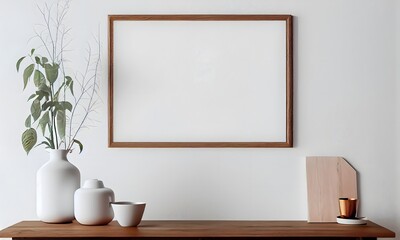 Obraz na płótnie Canvas Blank wooden picture frame mockup on wall in modern interior. template mock up for artwork, painting, photo or poster in interior design. Ai generative