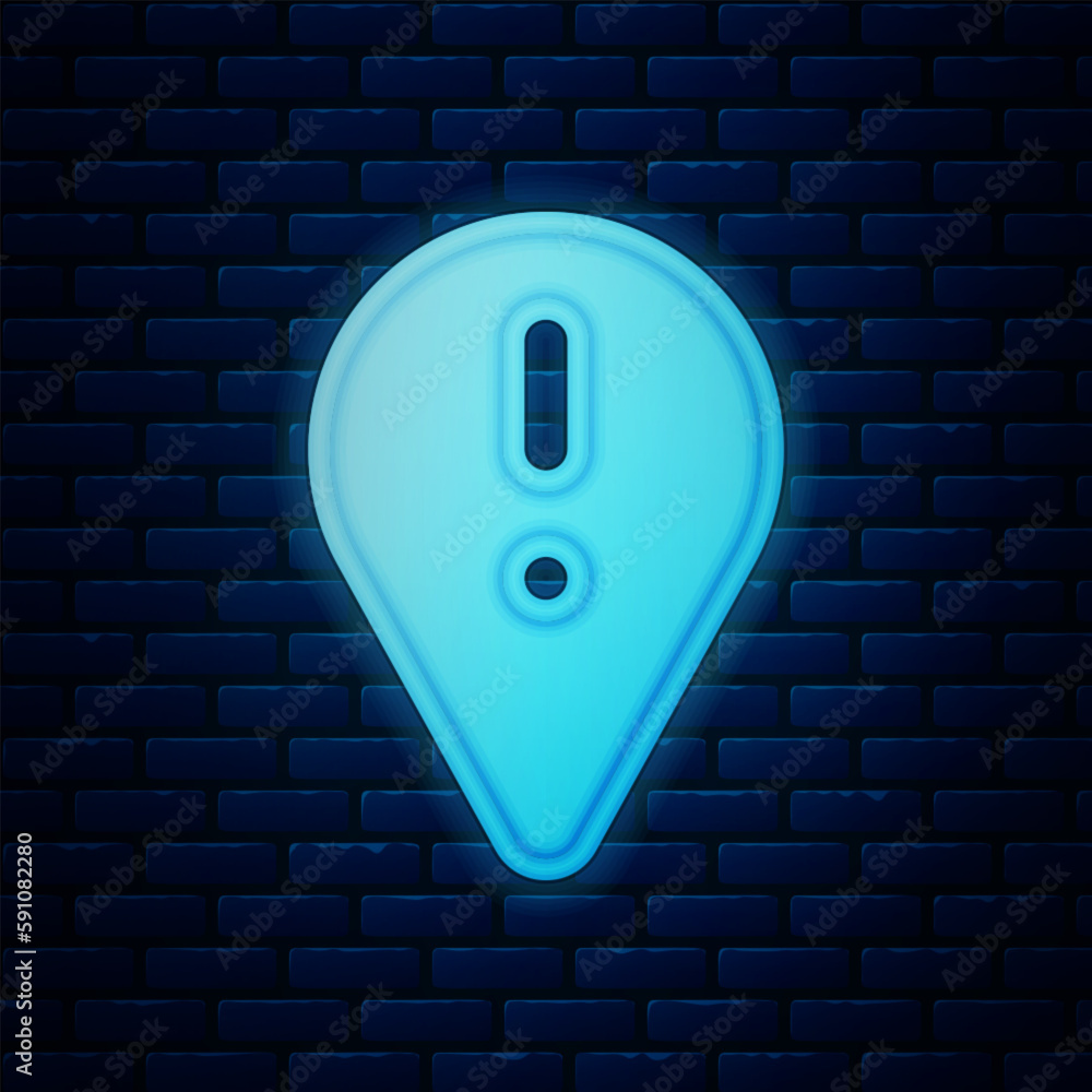 Poster glowing neon map pointer with exclamation mark icon isolated on brick wall background. hazard warnin