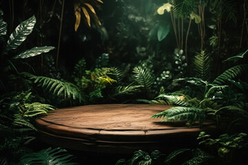 Elevating Your Product Display: Professional Photography of an Empty Space Mockup Podium with a Jungle-Themed Nature Background for a Stunning Visual Impact