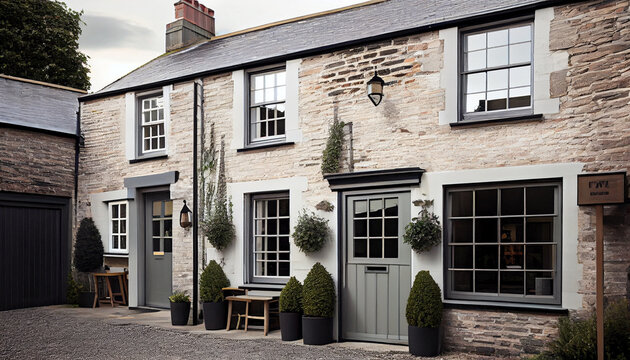 Wide shot Exterior photo of Medium Stylishly renovated Mews house In the UK With Modern Farmhouse Style interiors Showing from windows and big glass door.