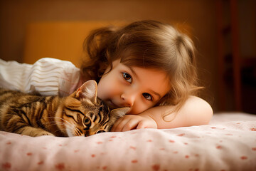 Obraz na płótnie Canvas Little girl and cat. Child hugging a cat. Best friends. Digital ai art