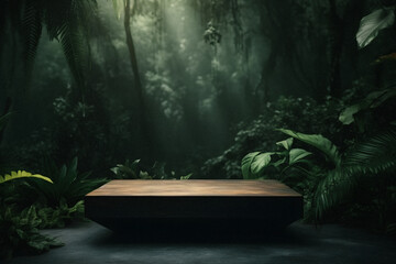 Elevating Your Product Display: Professional Photography of an Empty Space Mockup Podium with a Jungle-Themed Nature Background for a Stunning Visual Impact