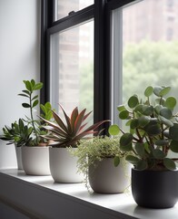 Windowsill with potted houseplants in even daytime diffused light 