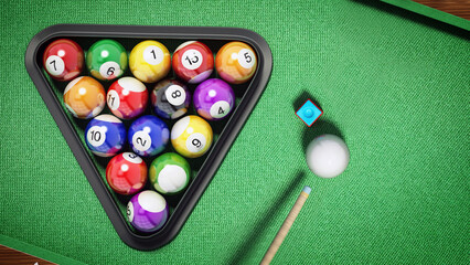 Billiard balls, triangle, chalk and cue on pool table. 3D illustration