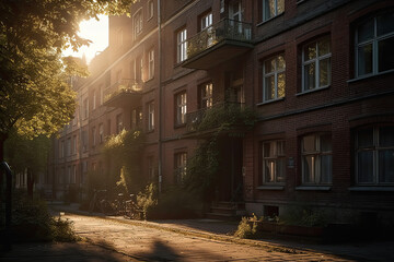 Fototapeta na wymiar typical berlin apartment building in the sunrise created with Generative AI technology