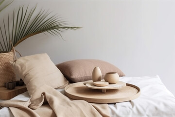 Fototapeta na wymiar tray rattan table palm interior design palm tree furniture home bed modern. Generative AI.