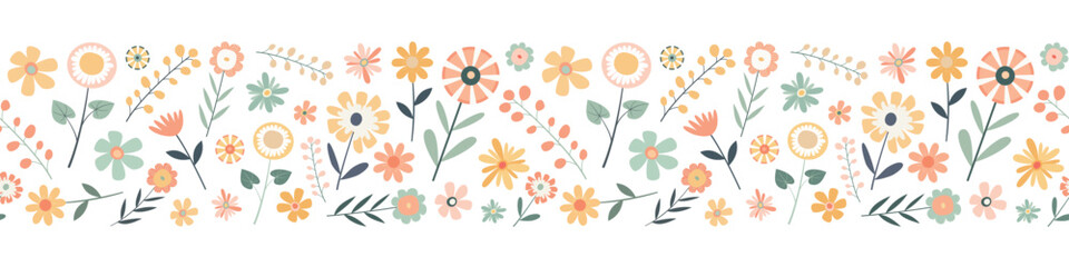 Cartoon pastel floral seamless border pattern. Isolated on white background. Colorful garden flowers in a row. Design for web, labels, and banners