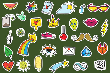 Cute Colorful Modern Patch Set. Fashion patches. Cartoon 80's - 90's style.