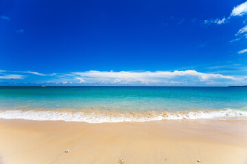 Fototapeta na wymiar Sandy beach and beautiful tropical sea with blue sky.