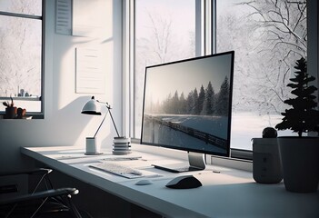 Light office interior with pc computer near panoramic window. Mockup frame. Generative AI