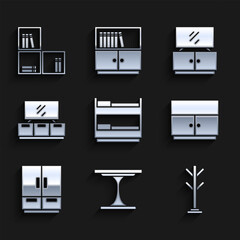Set Bunk bed, Round table, Coat stand, Wardrobe, TV, and Shelf with books icon. Vector