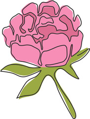 One continuous line drawing of beauty fresh perennial plant wall decor home art poster print. Printable decorative peony flower for green park icon. Modern single line draw design vector illustration