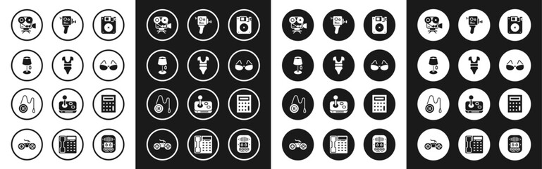 Set Floppy disk, Swimsuit, Floor lamp, Retro cinema camera, Glasses, Calculator and Yoyo toy icon. Vector