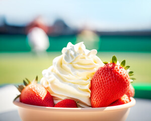 Natural fresh strawberries with wipped cream in a white cream bowl on blurred tennis courts background. Food symbol of Wimbledon Grand Slam competition. Closeup. Generative ai