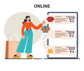 Online shopping. E-commerce. Happy character purchasing goods