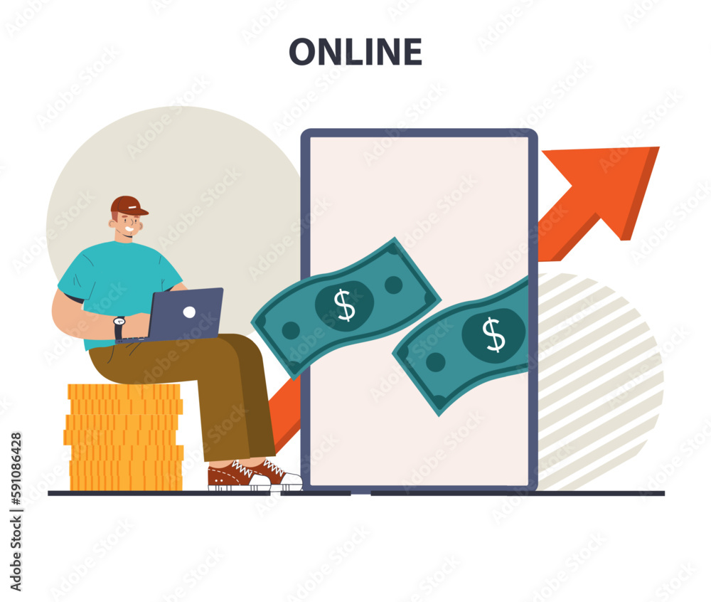 Poster remote work, telework or outsourcing. character using mobile app