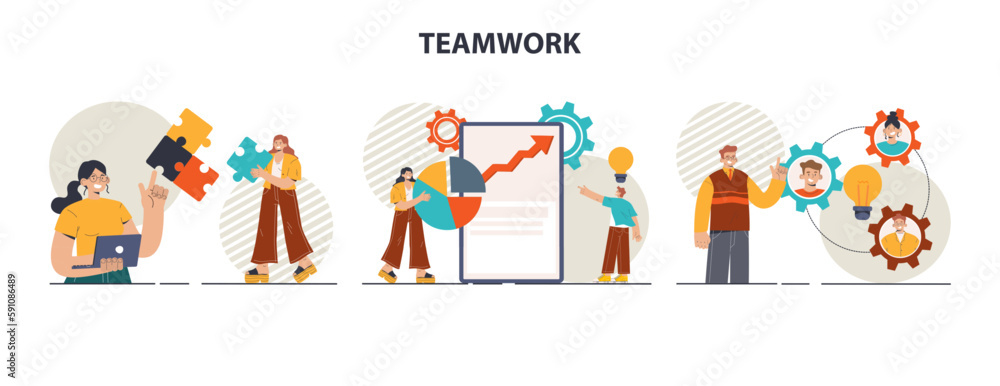 Poster teamwork set. office characters collaborating for additional business
