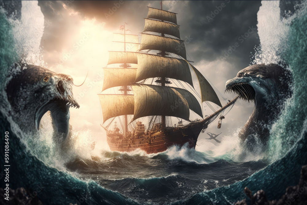Poster fantasy scene with a ship in the ocean. generative ai