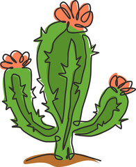 One single line drawing cute exotic tropical spiny cactus plant. Printable decorative houseplant concept home decor wallpaper ornament. Modern continuous line draw design vector graphic illustration