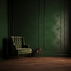 interior of a room with a chair, green walls, green panelling, god light, vintage style, interior design, AI generated image, AI design