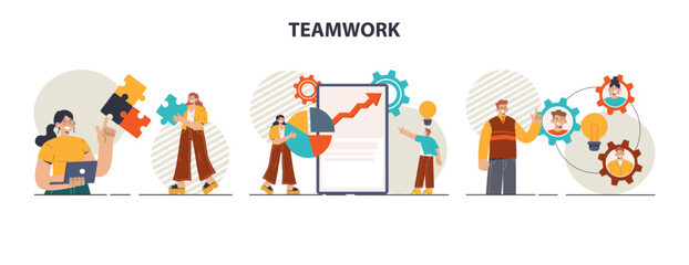 Obraz premium Teamwork set. Office characters collaborating for additional business