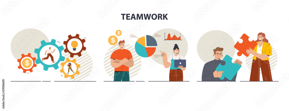 Poster teamwork set. office characters collaborating for additional business