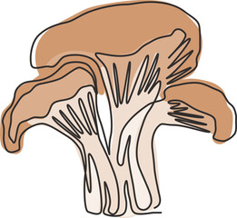 One continuous line drawing of whole healthy organic mushrooms for farm logo identity. Fresh toadstool concept for vegetable icon. Modern single graphic line draw design vector illustration