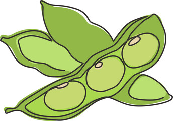 One continuous line drawing of whole healthy organic green edamame for farm logo identity. Fresh Japanese pea concept for vegetable icon. Modern single line draw design graphic vector illustration