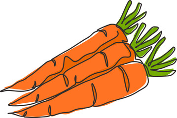 One continuous line drawing whole healthy organic carrots group for farm logo identity. Fresh biennial plant concept for root vegetable icon. Modern single line draw design vector graphic illustration