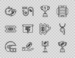 Set line American football helmet, Award cup and, Football on hand, stopwatch, Planning strategy concept, goal post and Whistle icon. Vector