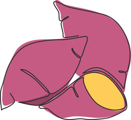 Single continuous line drawing whole healthy organic sweet potato for orchard logo identity. Fresh ipomoea batatas concept for botanically icon. Modern one line draw design vector graphic illustration