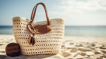 summer beach bag on the sand, blurred ocean background, vacation, generative ai