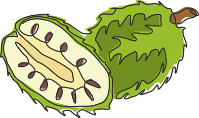 One continuous line drawing whole and sliced healthy organic soursop for orchard logo identity. Exotic fruits concept for fruit garden icon. Modern single line draw design graphic vector illustration