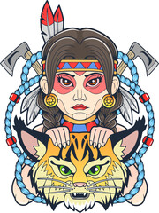cute native american girl with lynx, design illustration