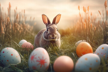 Fototapeta na wymiar Easter Bunny on a spring flower meadow with colorful easter eggs awaiting the holidays