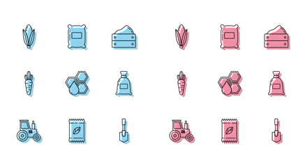 Set line Tractor, A pack full of seeds of specific plant, Corn, Shovel, Honeycomb, Bag flour, Carrot and icon. Vector