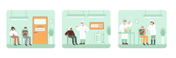 Set of cartoon characters of doctors and patients engaged in vaccination. Immune system health. Time to get vaccinated against diseases. Protection from pandemic outbreak. Vector