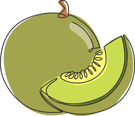 One single line drawing whole and sliced healthy organic melon for orchard logo identity. Fresh fruitage concept for fruit garden icon. Modern continuous line draw design vector graphic illustration