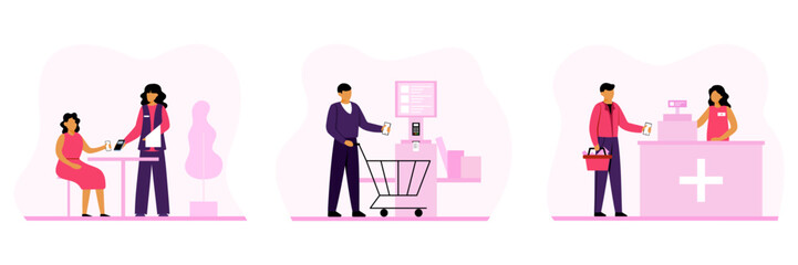 Set of cartoon characters of young people making cashless payments at stores. Modern secure banking services. Process of buying goods and paying using smartphones. Vector