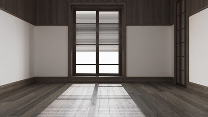 Empty room interior design, open space with parquet floor, big window with venetian blinds, dark wooden and white walls, modern architecture concept idea