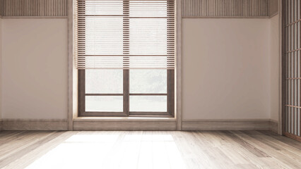 Fototapeta premium Empty room interior design, open space with parquet floor, big window with venetian blinds, bleached wooden and white walls, modern architecture concept idea