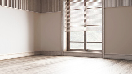 Fototapeta na wymiar Empty room interior design, open space with parquet floor, big window with venetian blinds, bleached wooden and white walls, modern architecture concept idea