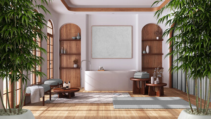 Zen interior with potted bamboo plant, natural interior design concept, minimalist bathroom in...